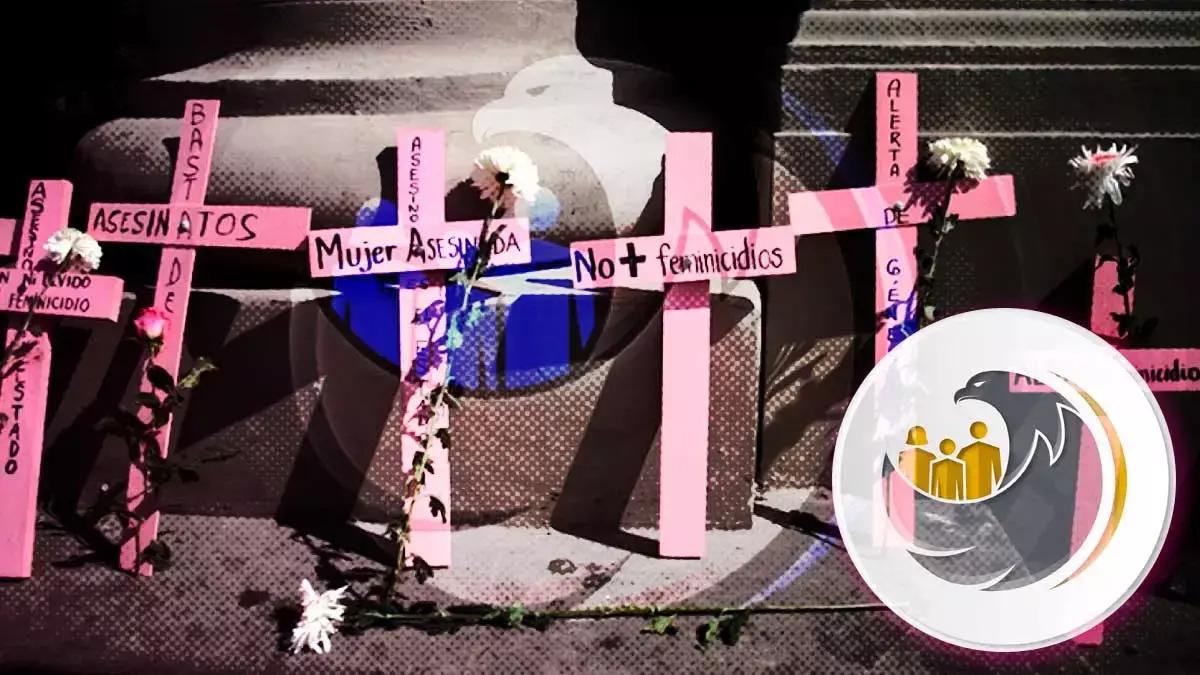 Cruces de color rosa con frases relacionadas con feminicidios.