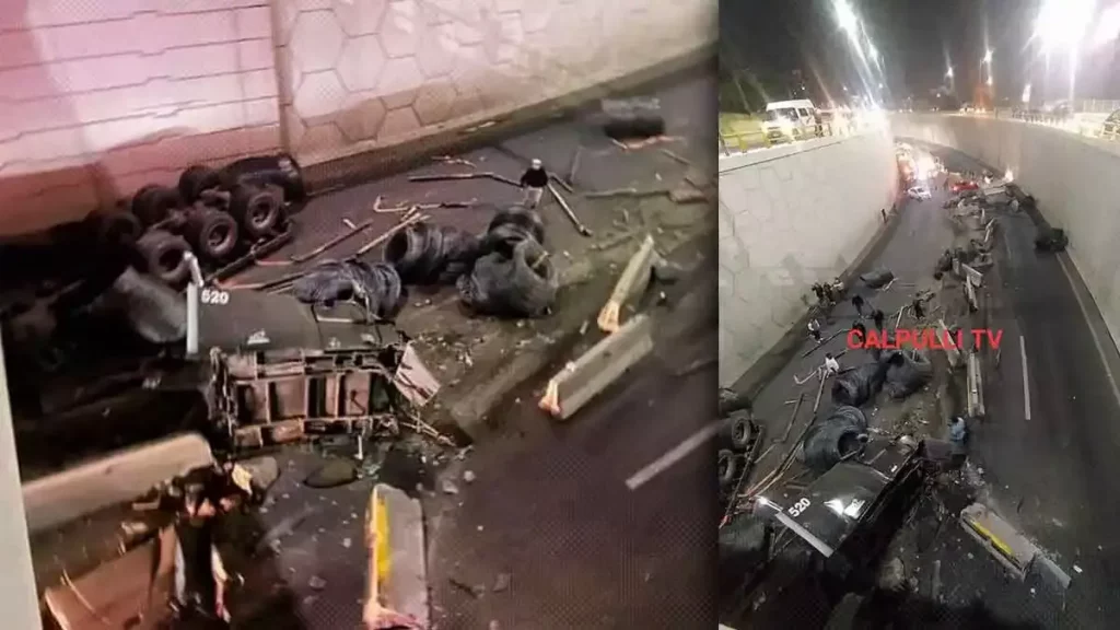 Tráiler destrozado en carretera de Tlaxcala.