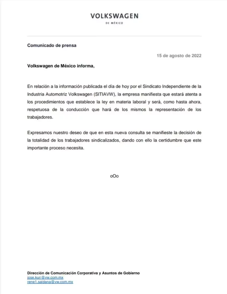 Sindicato de la VW repetirá la consulta de aumento salarial