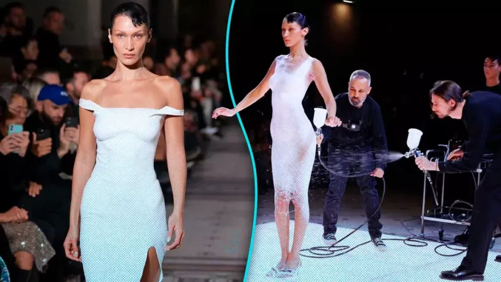 Bella Hadid impone con un vestido pintado en aerosol que se convierte en tela