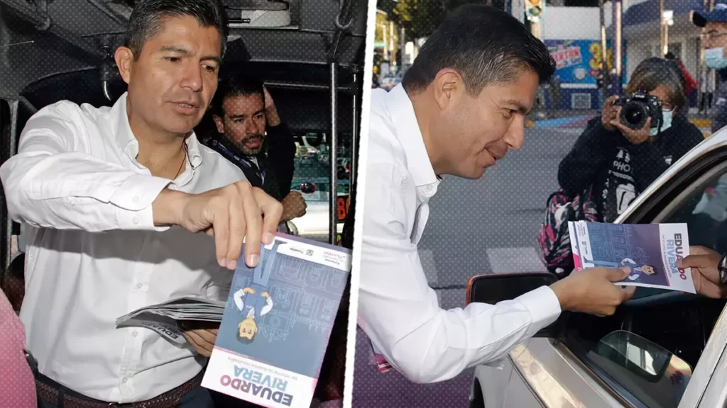 Eduardo Rivera reparte folletos de su primer informe en microbuses y vialidades.