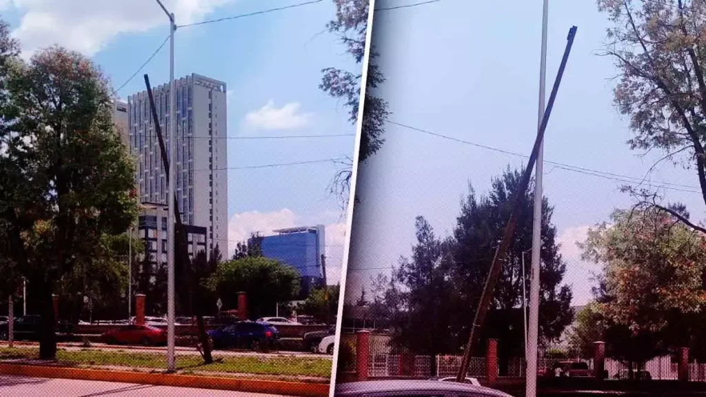 ¡Peligro, leño suelto! Un poste se va caer frente a la Prepa Anáhuac de Puebla