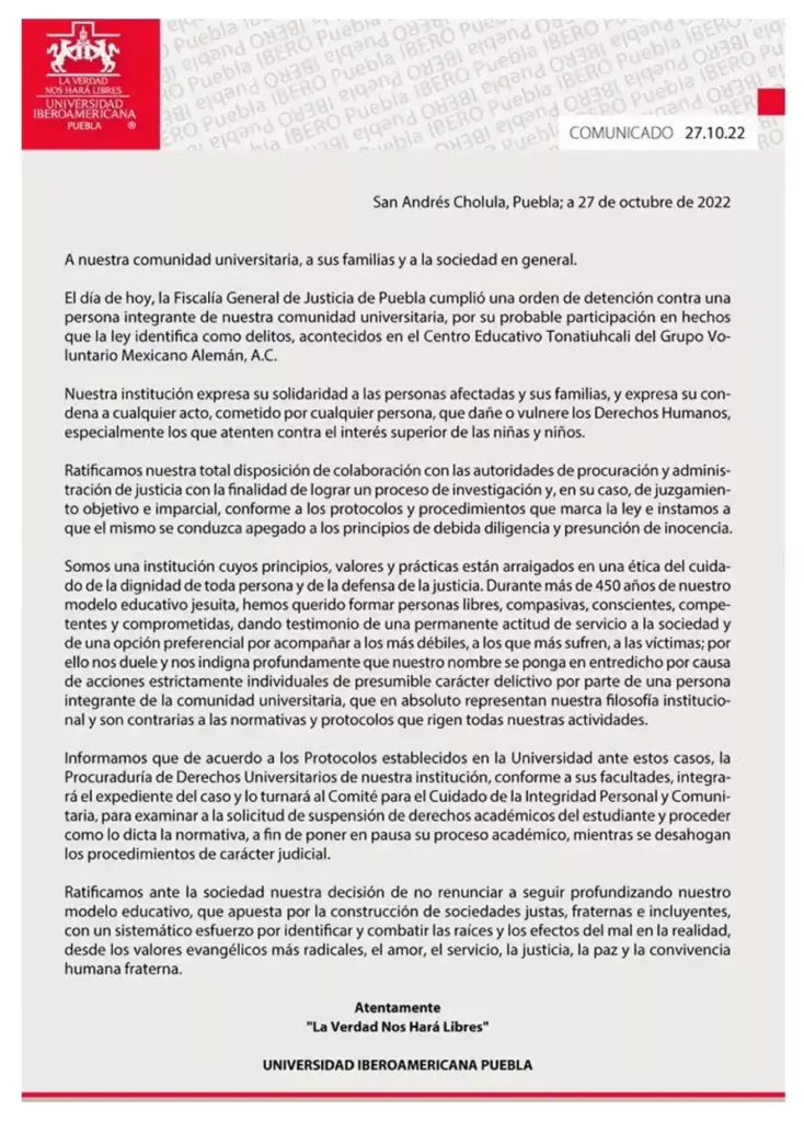 Ibero suspenderá a alumno detenido por abuso a niños del Kínder Tonatiuhcali