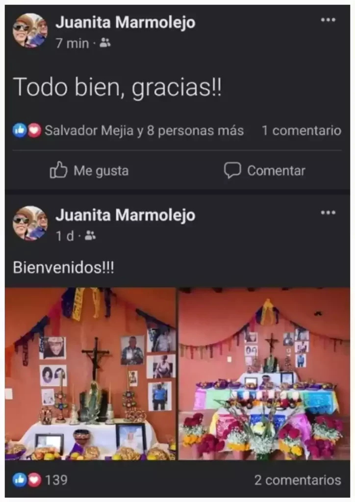 Publicación en Facebook de Juanita Marmolejo