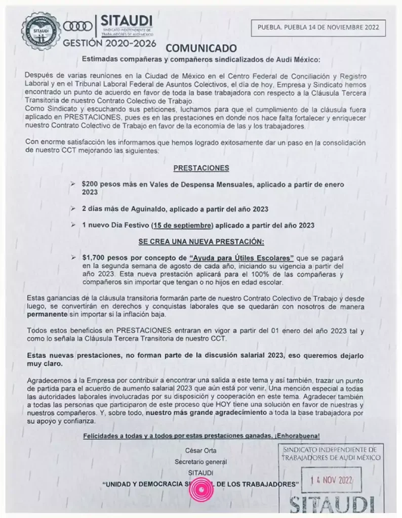 Sindicato Audi logra nuevas prestaciones; sigue en revisión aumento salarial