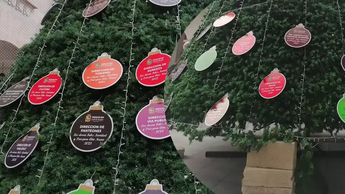¡Navidad austera en Teziutlán! Árbol tiene base de tabiques y esferas de cartón