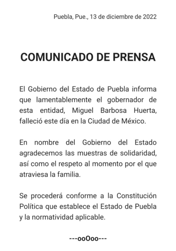 Secretarios de Puebla lloran la muerte de Miguel Barbosa 