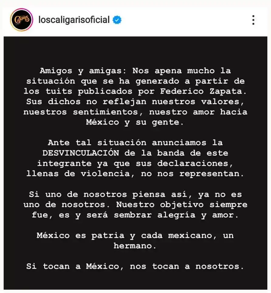Los Caligaris despiden a músico por ofender a aficionados mexicanos.