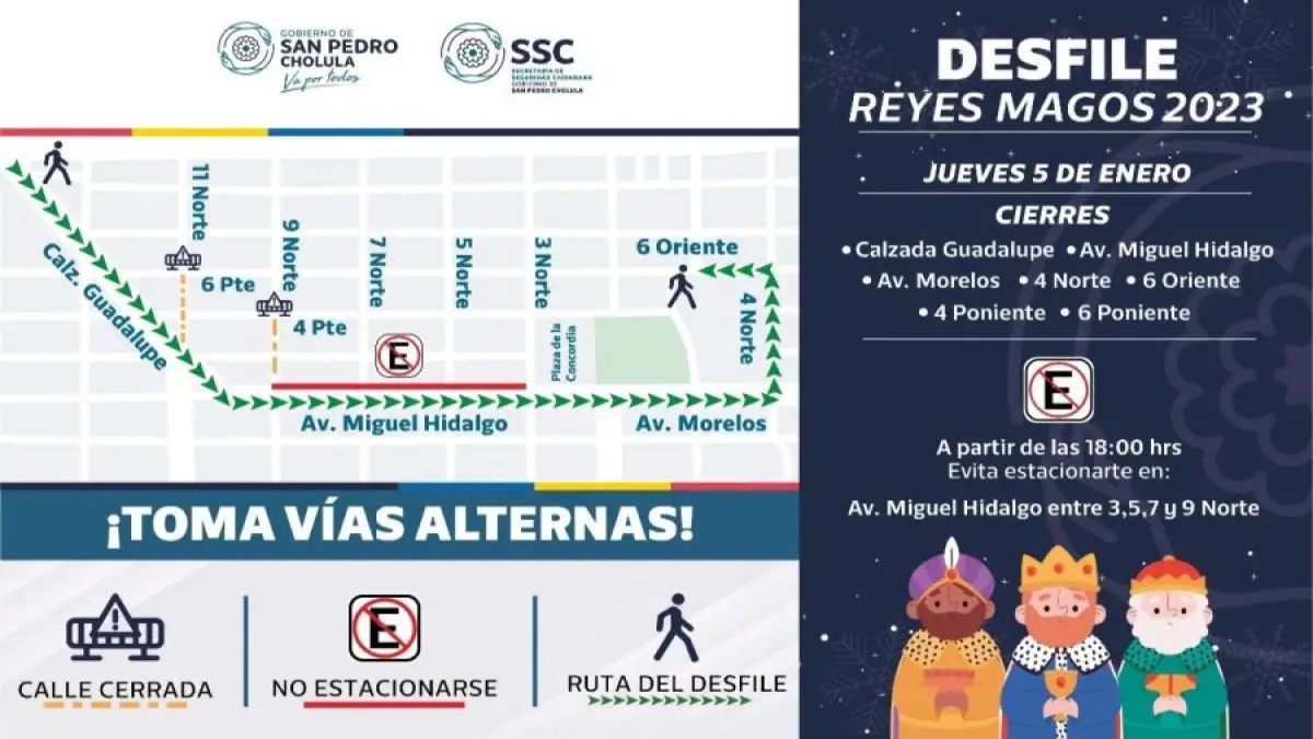 SSC Cholula implementará cierre de calles por desfile de Reyes Magos.