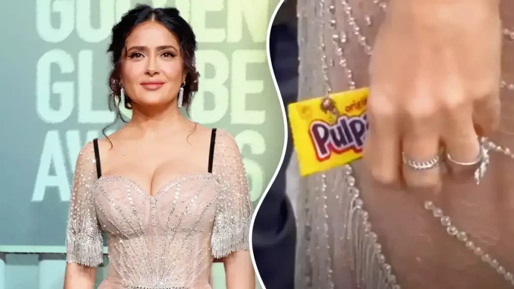 Salma Hayek aparece en la alfombra roja de los Globos de Oro con un Pulparindo.