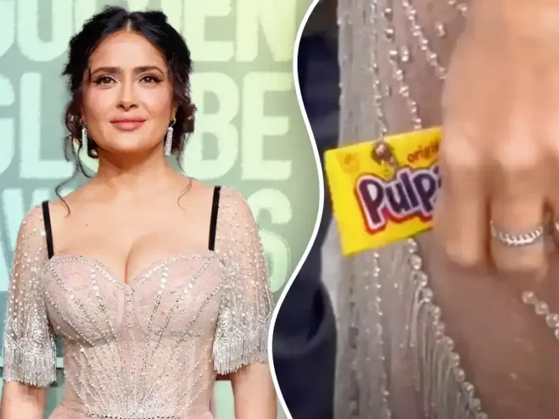 Salma Hayek aparece en la alfombra roja de los Globos de Oro con un Pulparindo.
