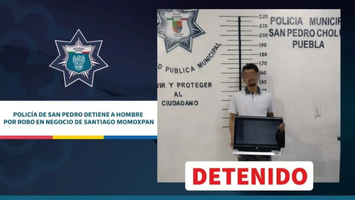 Policía de San Pedro detiene a hombre por robo en negocio de Santiago Momoxpan.