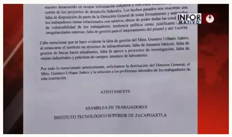 Trabajadores del Tecnológico de Zacapoaxtla piden destitución del director