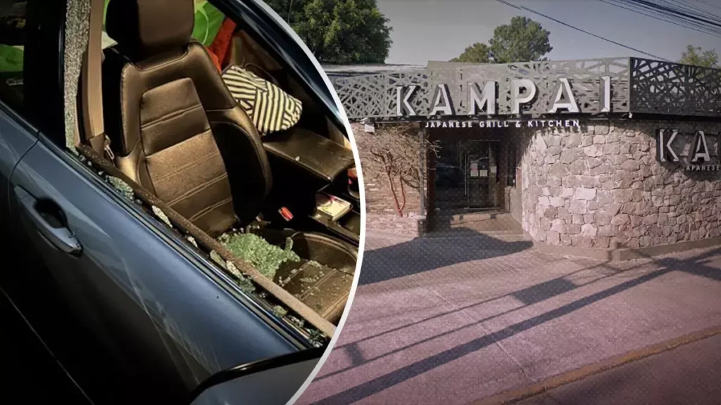 Con cristalazo y sin llantas, así terminaron los autos de clientes en Kampai Puebla