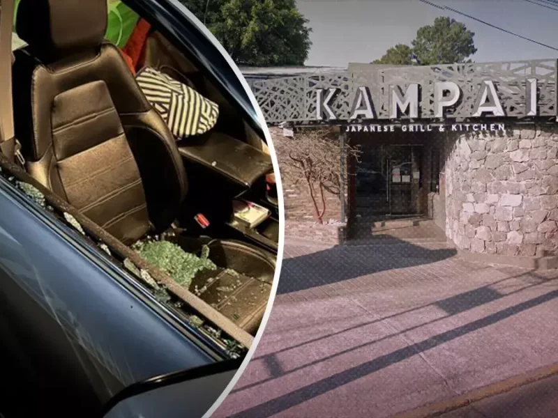 Con cristalazo y sin llantas, así terminaron los autos de clientes en Kampai Puebla