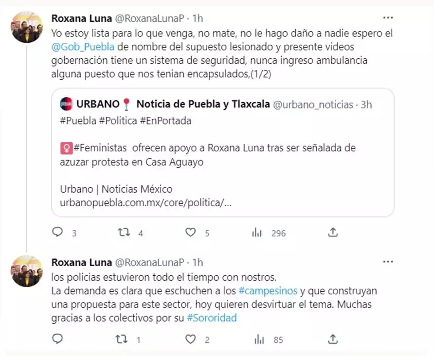 Roxana Luna responde a acusaciones por manifestación de campesinos en Casa Aguayo.