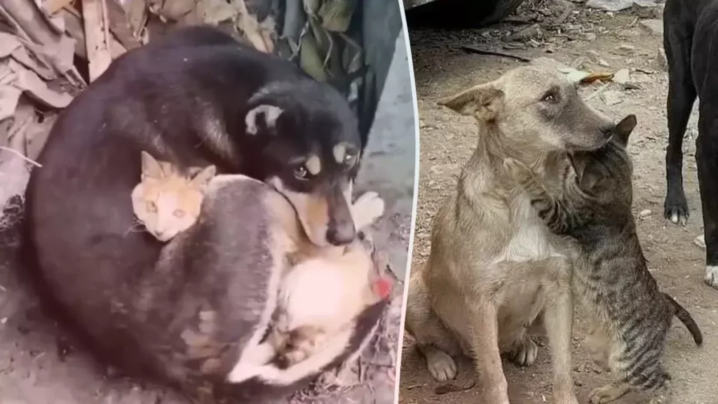 Perro y gato se abrazan tras ser rescatados de los escombros del terremoto en Turquía