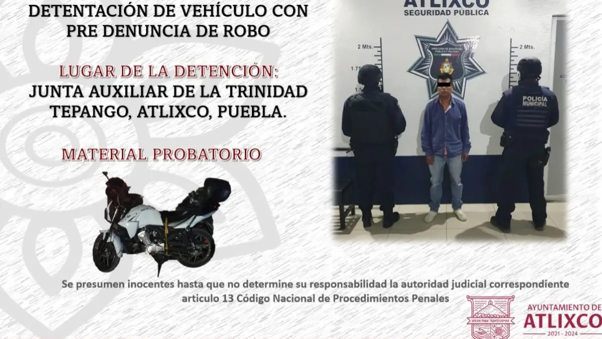 Policía de Atlixco recupera moto robada y detiene a mujer acusada de robo.