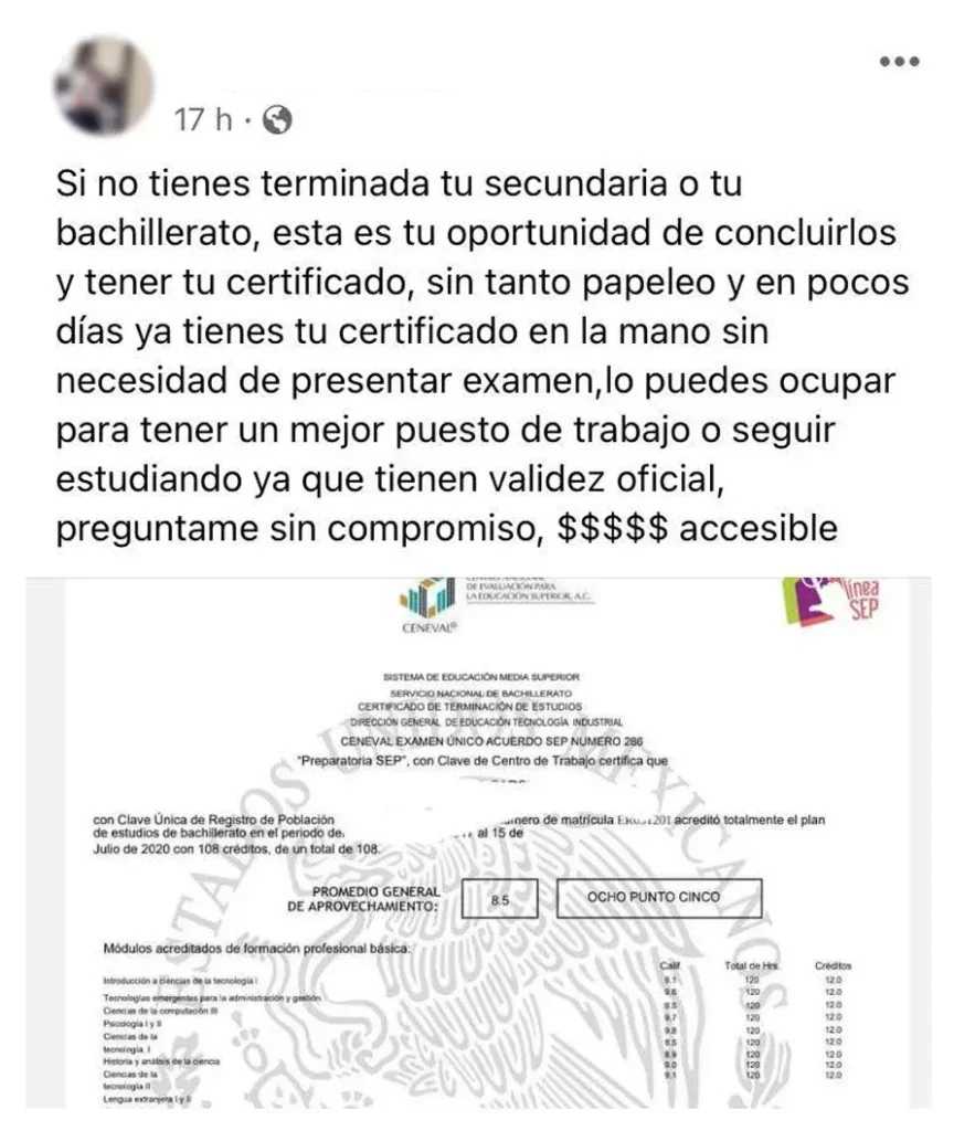 Tramitan certificados falsos de secundaria y prepa en Facebook