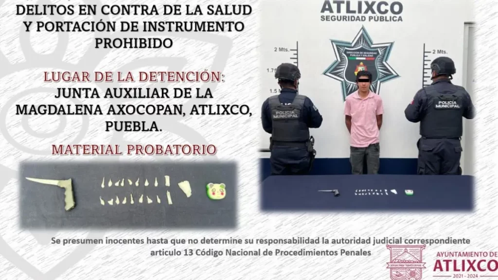 Seguridad Pública de Atlixco detiene a un hombre por delitos contra la salud.