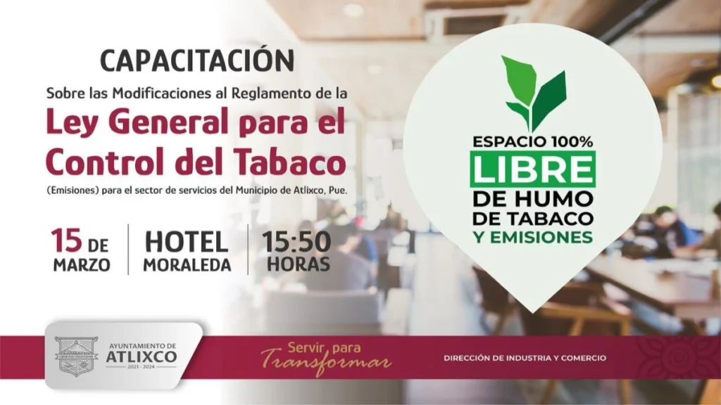 Atlixco capacitará a prestadores de servicios para dar cumplimiento a Ley de Control del Tabaco.