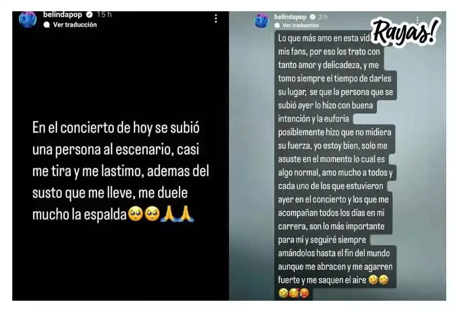 Pobre Belinda, un fan le lastimó la espalda