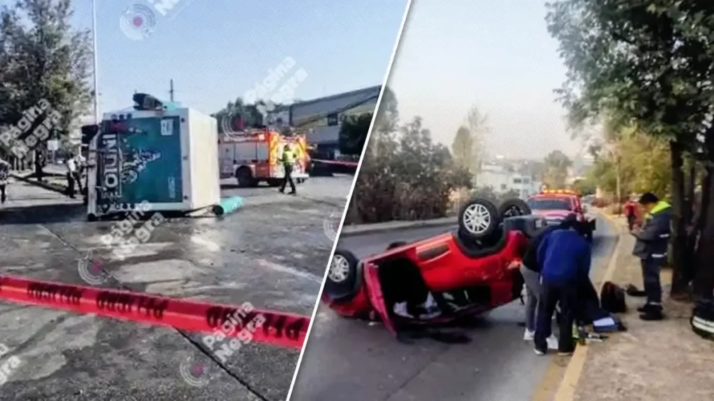 Volcaduras de dos vehículos provocan caos en hora pico en Puebla.