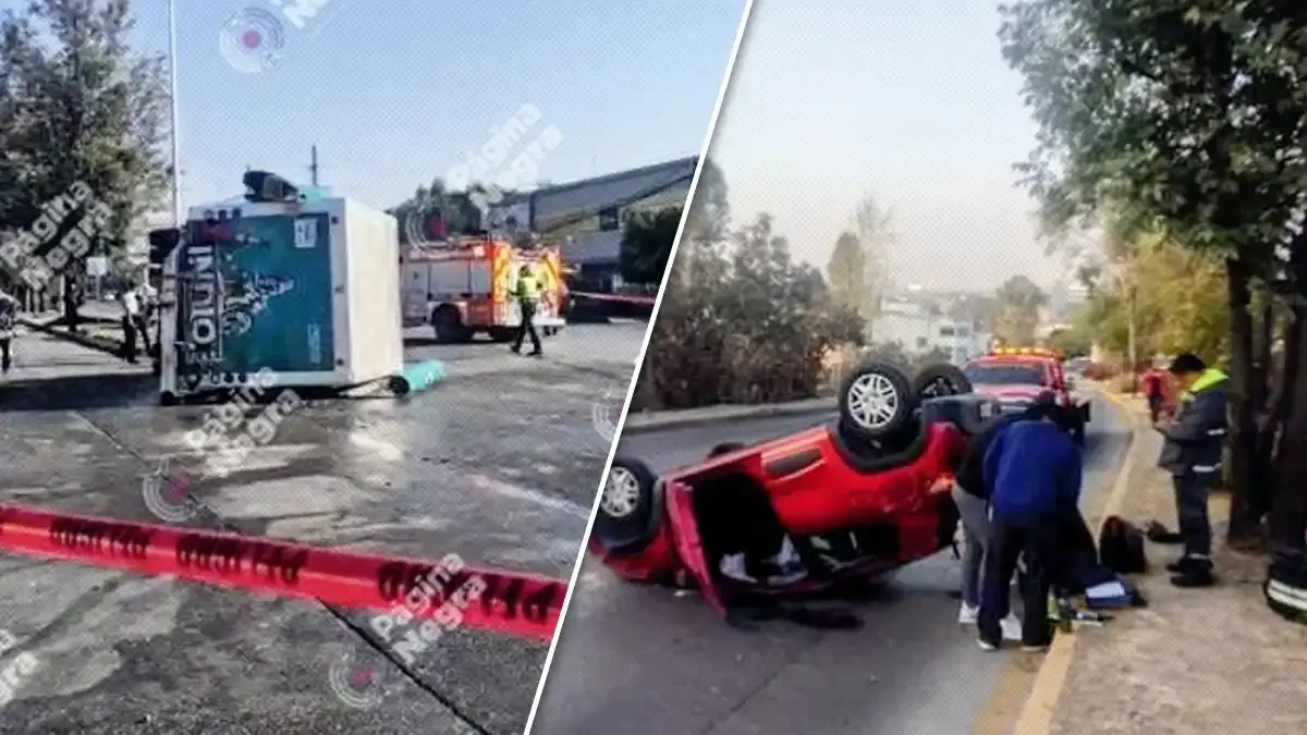 Volcaduras de dos vehículos provocan caos en hora pico en Puebla.