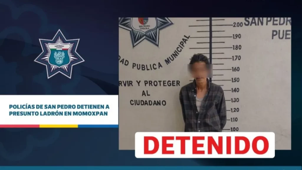 Policías de San Pedro detienen a presunto ladrón en Momoxpan.