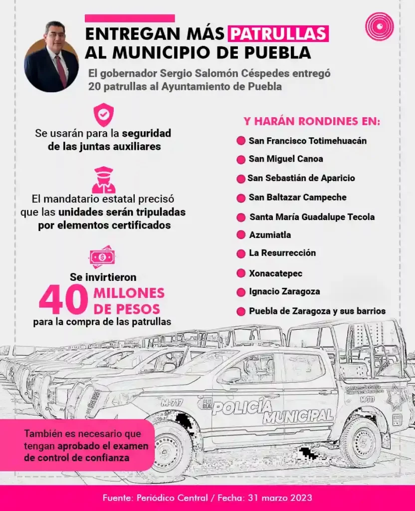 Entregarán 20 patrullas más a Juntas Auxiliares de Puebla; serán para policías certificados