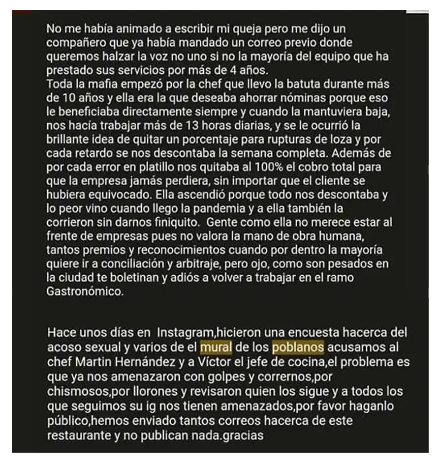 Empleados de El Mural de los Poblanos se quejan por descuentos y acoso