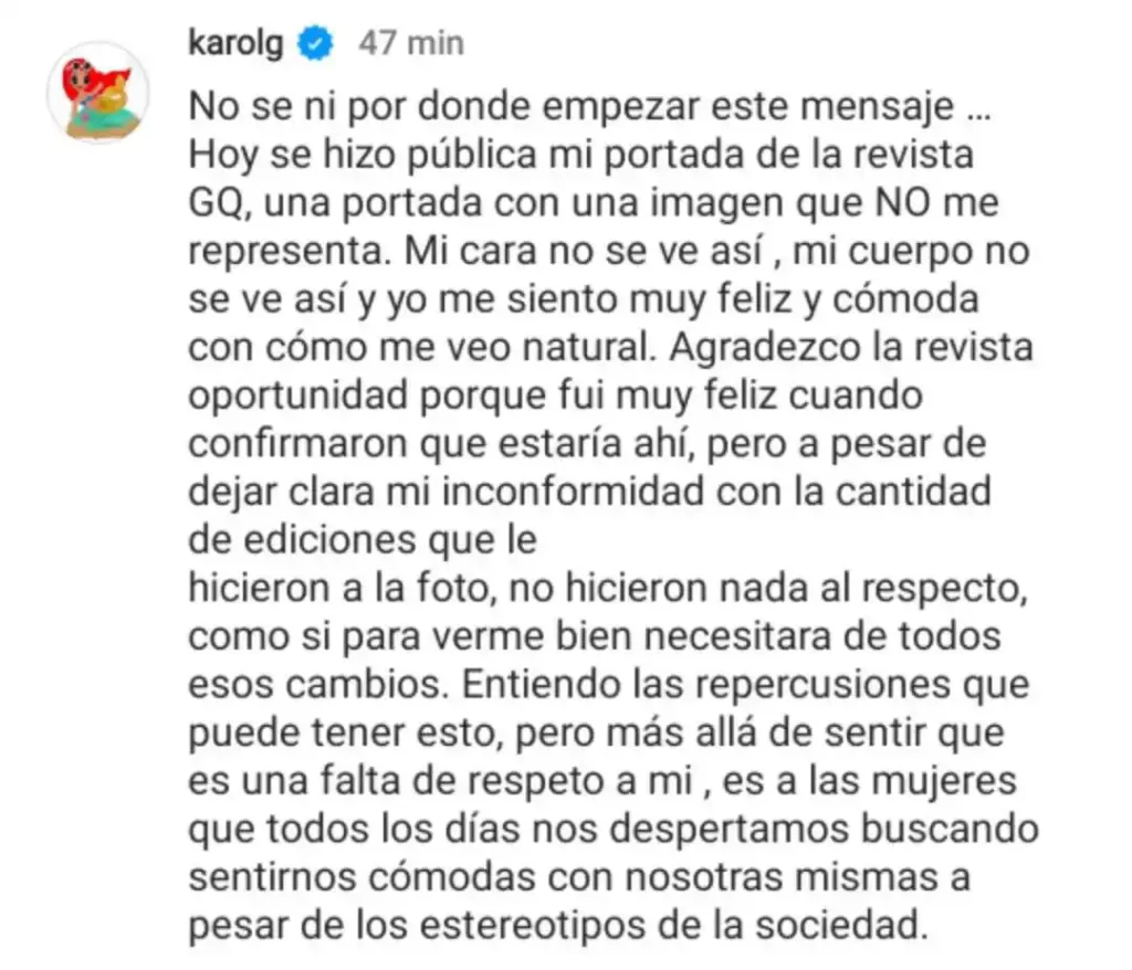 Revista GQ edita la portada de Karol G para adelgazar su rostro