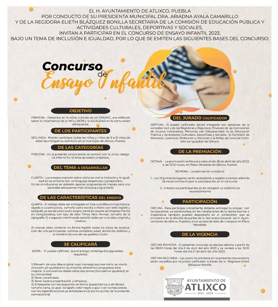 Ayuntamiento de Atlixco invita a participar en el Concurso de Ensayo Infantil 2023.