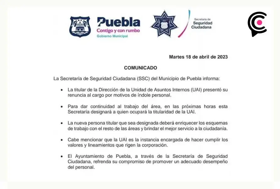 Despiden a la directora de Asuntos Internos de la SSC de Puebla 