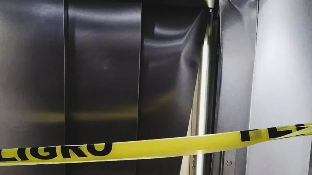 Inservible, así quedó la puerta de un elevador en la clínica ISSSTE Puebla.