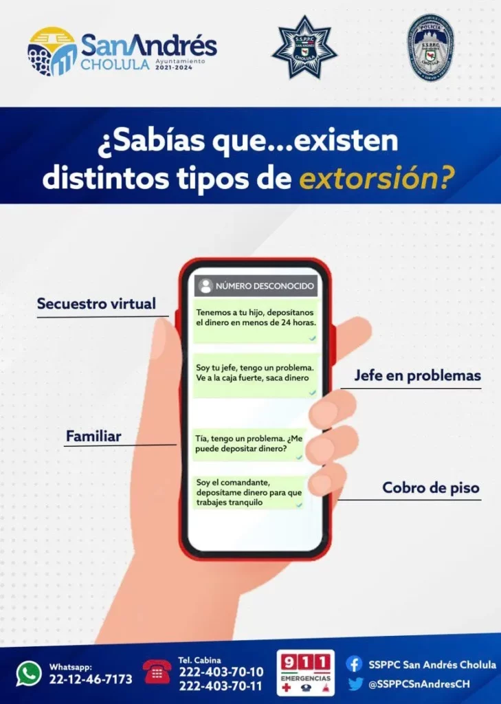 Emite policía de San Andrés Cholula recomendaciones antiextorsión