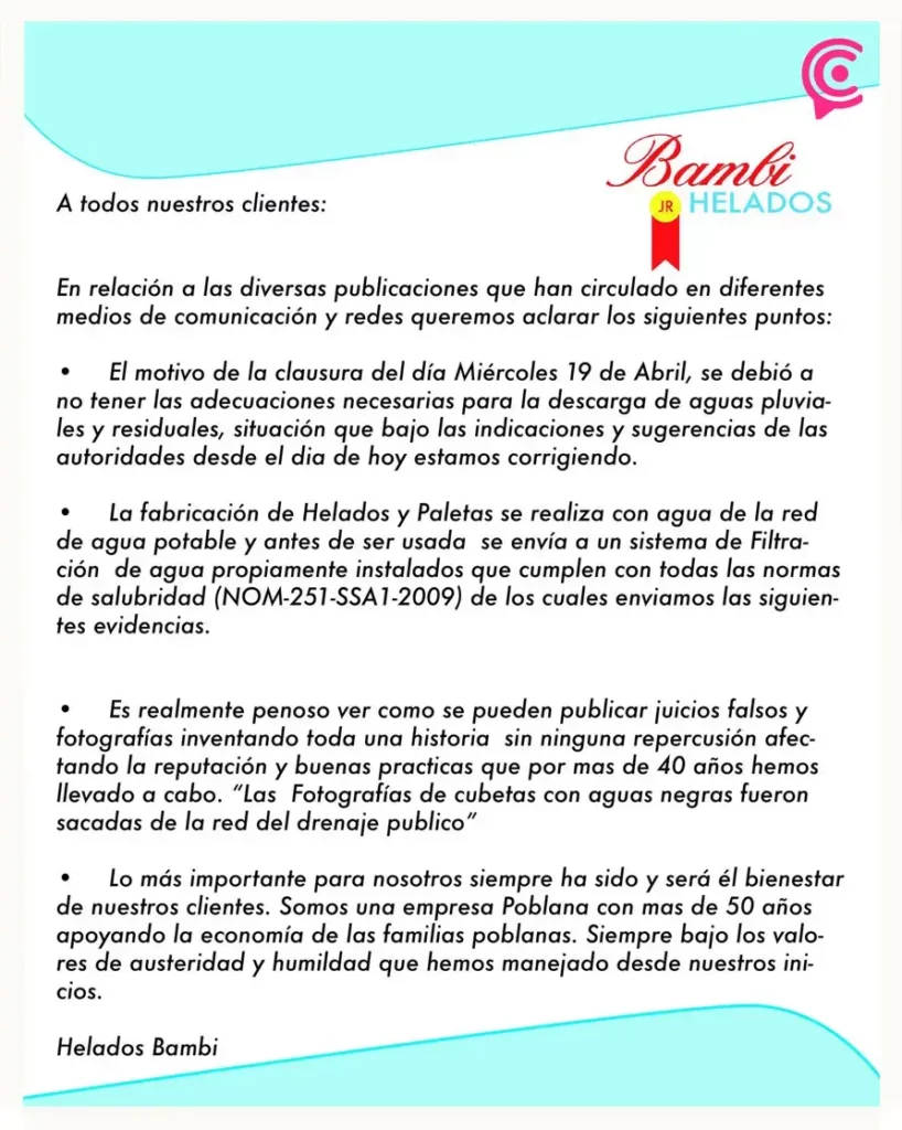 Helados Bambi reconoce que usa agua de la llave para elaborar sus productos.
