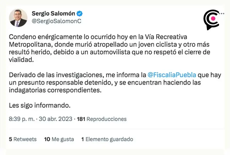 Detienen al asesino del ciclista en la Recta a Cholula, dio positivo a prueba toxicológica