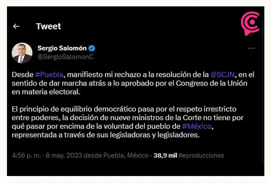 Sergio Salomón Céspedes se pronuncia vs fallo de la SCJN por reforma electoral