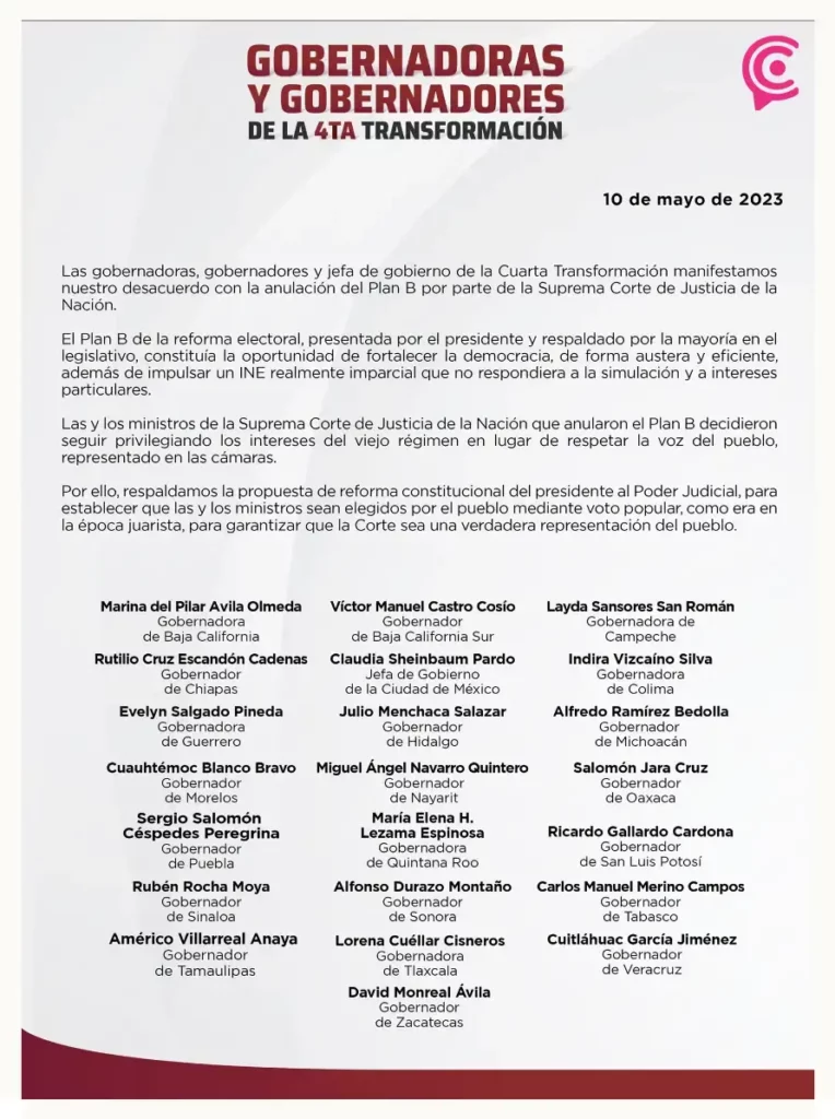 Gobernadores de Morena rechazan la anulación del plan B firmando desplegado contra la SCJN