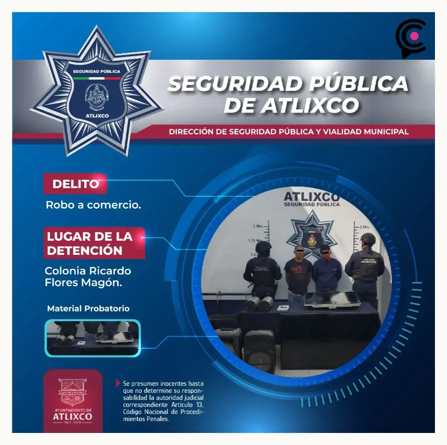 Policía de Atlixco logra detenciones y aseguramiento por diferentes delitos.