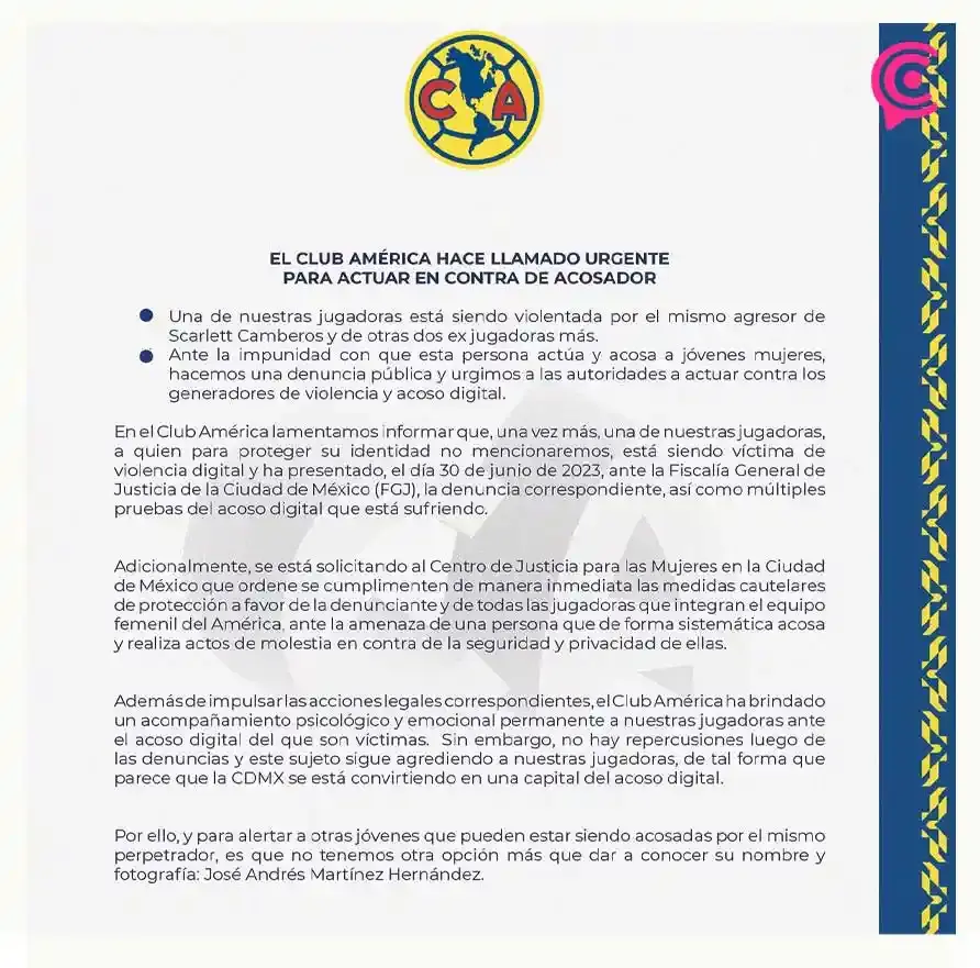 América Femenil denuncia otro caso de violencia de género