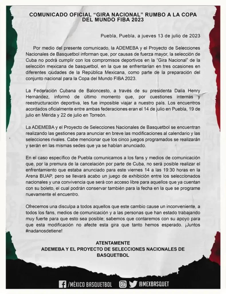 Cuba cancela el juego de exhibición ante la Selección Mexicana de Basquetbol en Puebla 