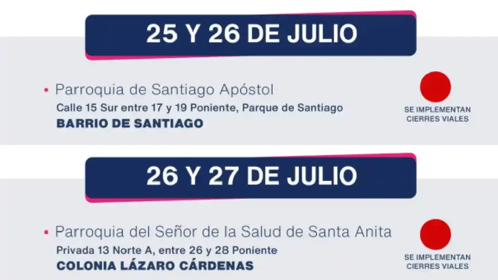 Habrá cierres viales por festividades de Santiago Apóstol y Santa Anita
