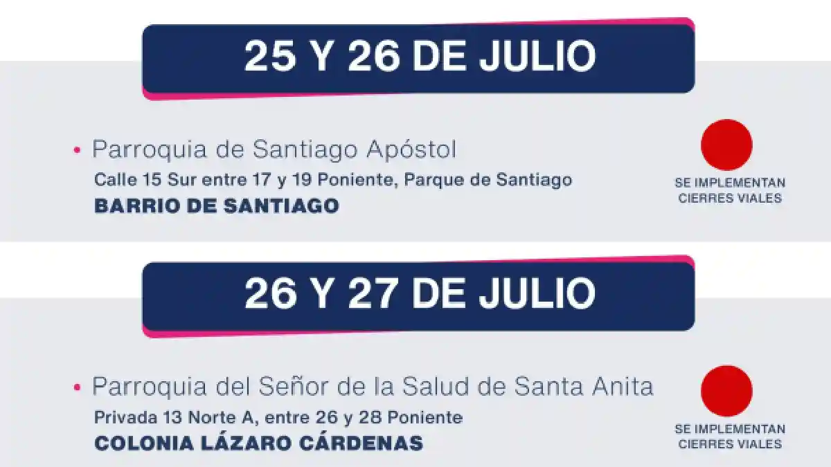 Habrá cierres viales por festividades de Santiago Apóstol y Santa Anita