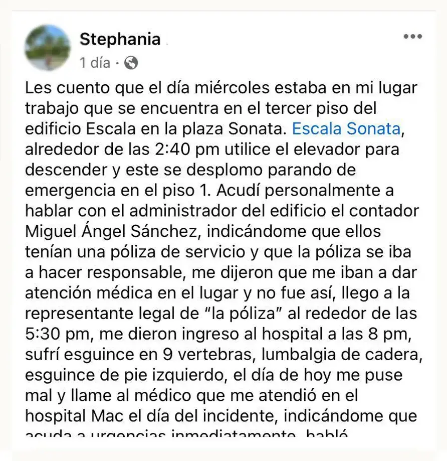 Elevador de plaza Sonata se desploma y una mujer sufre diversas lesiones