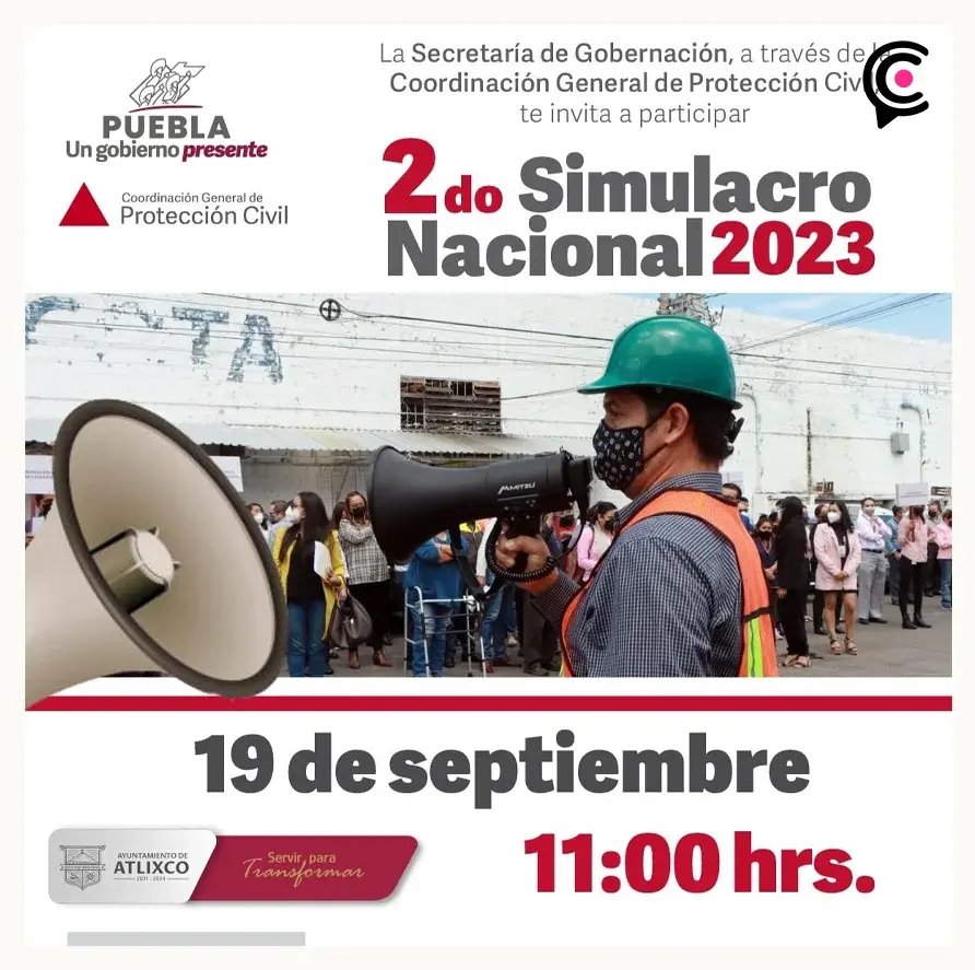 Protección Civil de Atlixco invita a participar en el 2° Simulacro Nacional 2023