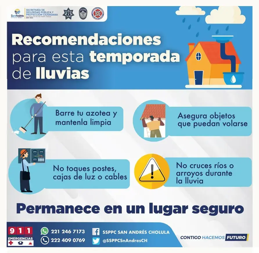 Emite Protección Civil de San Andrés Cholula recomendaciones por temporada de lluvias