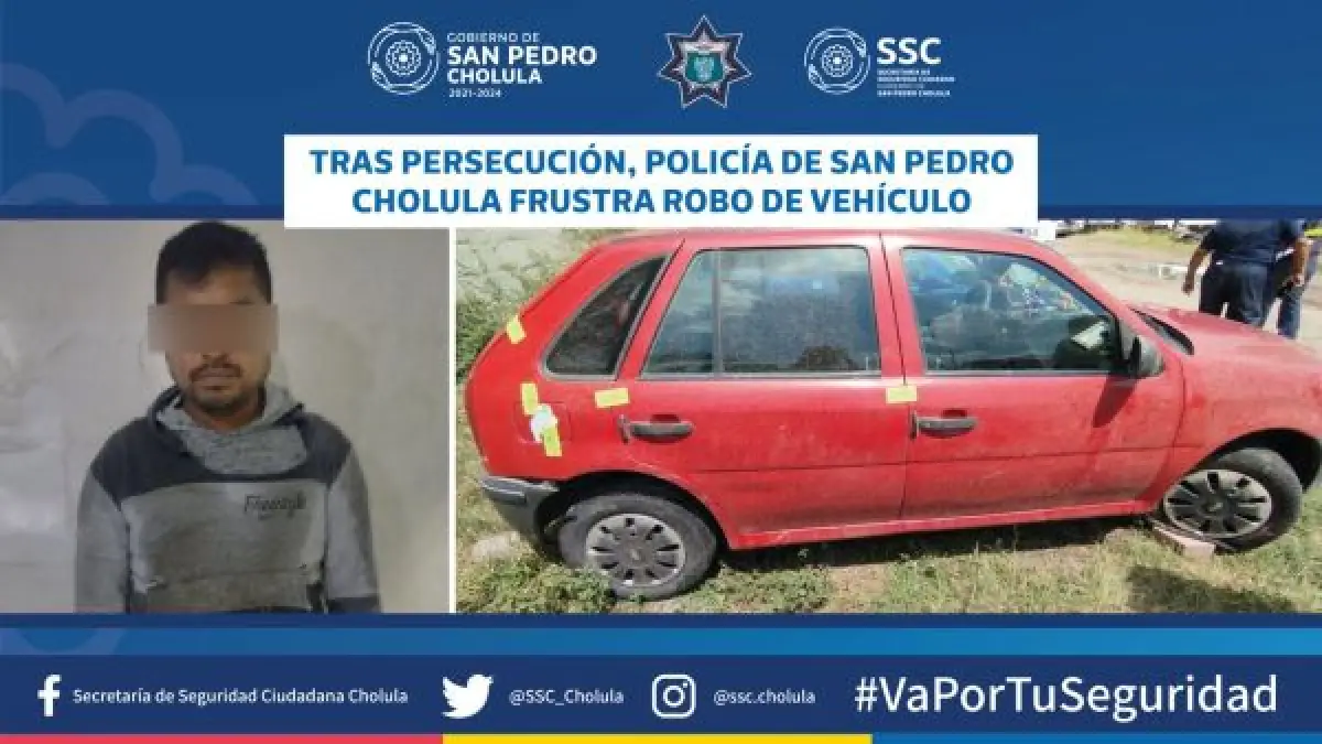 Tras persecución, policía de San Pedro Cholula frustra robo de vehículo