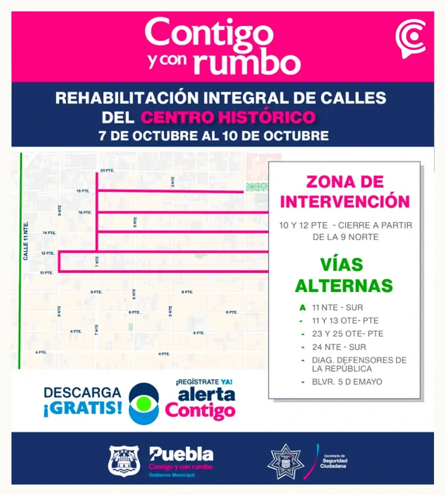 Cerrarán cruceros de la 9 norte con la 10 y 12 poniente por trabajos de mantenimiento integral del centro histórico